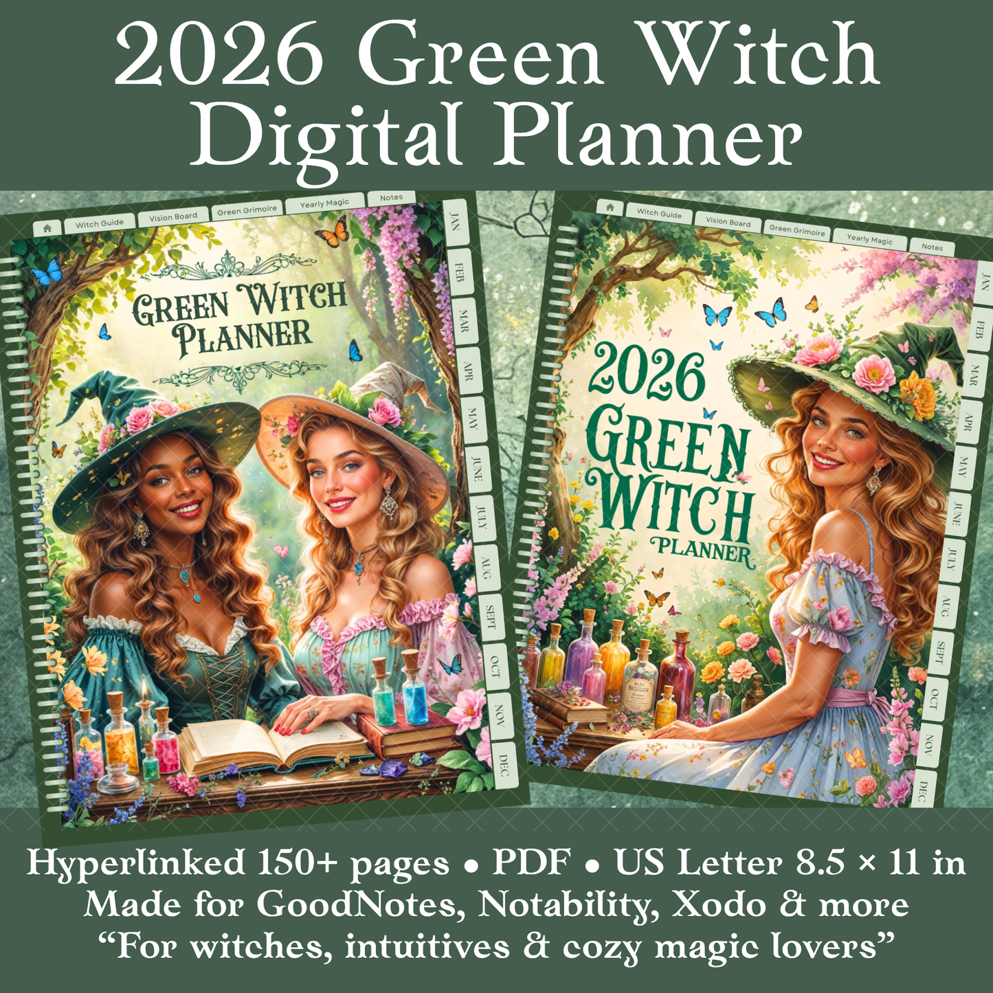 2026 Green Witch Digital Planner – Hyperlinked PDF for GoodNotes, Notability &amp; more