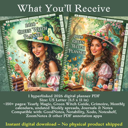 2026 Green Witch Digital Planner – Hyperlinked PDF for GoodNotes, Notability &amp; more
