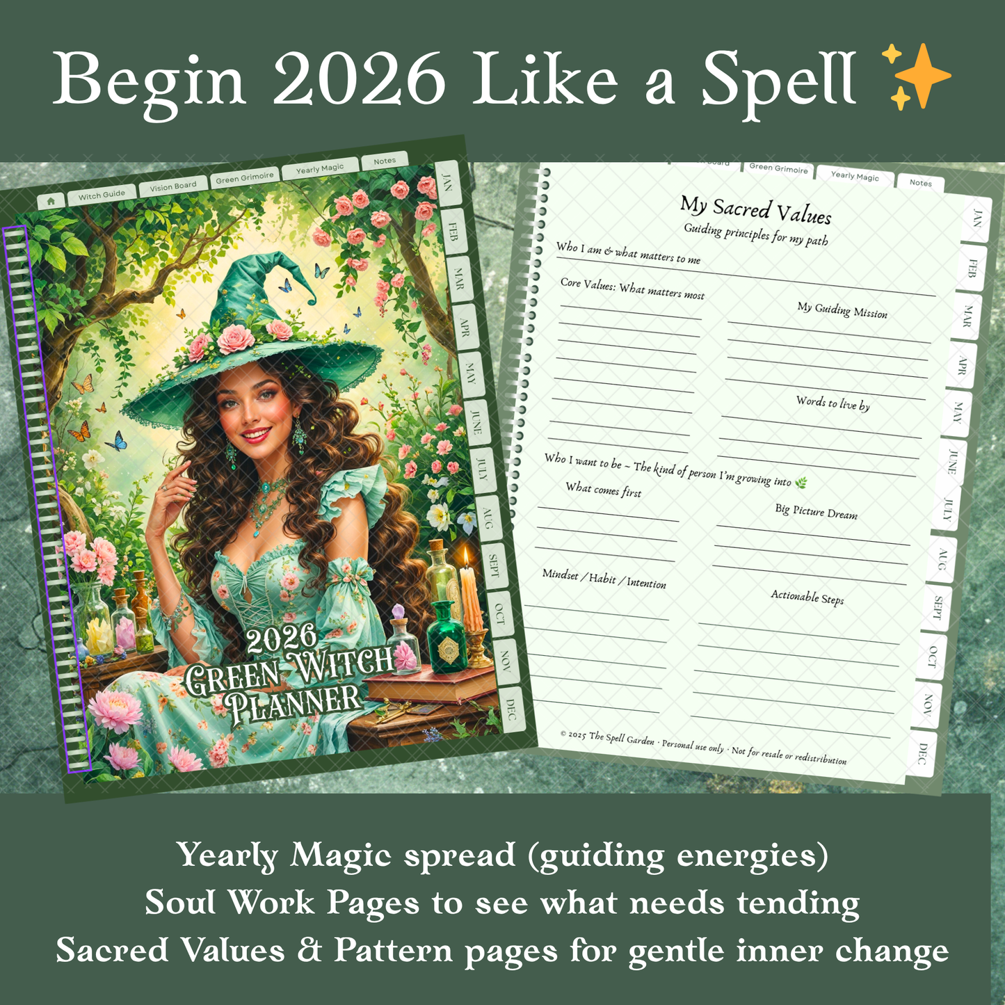 2026 Green Witch Digital Planner – Hyperlinked PDF for GoodNotes, Notability &amp; more