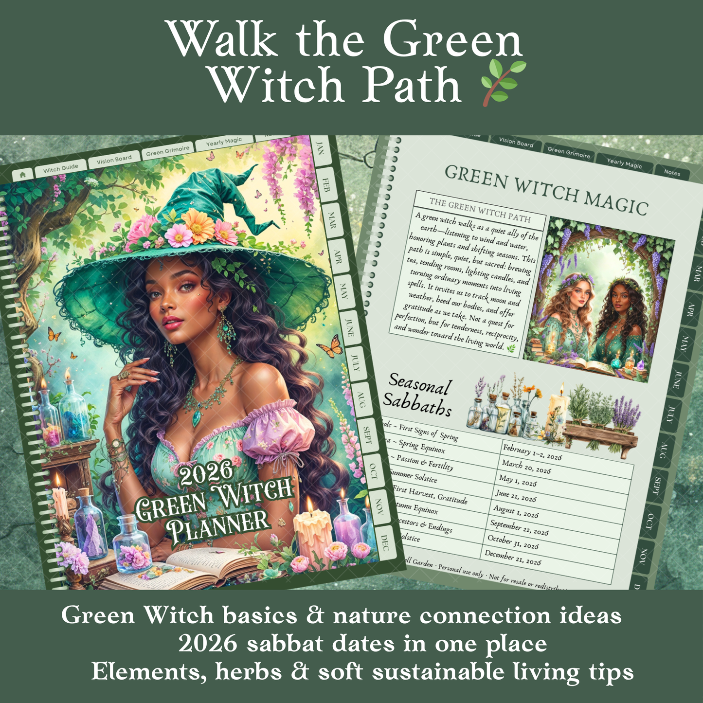 2026 Green Witch Digital Planner – Hyperlinked PDF for GoodNotes, Notability &amp; more