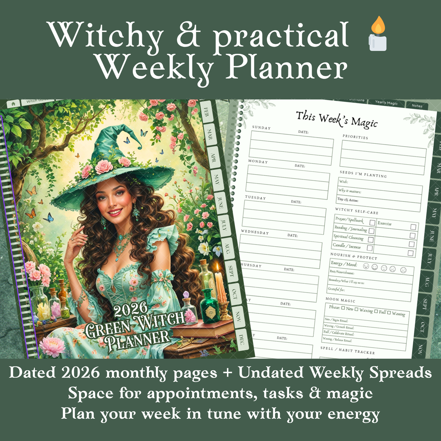 2026 Green Witch Digital Planner – Hyperlinked PDF for GoodNotes, Notability &amp; more