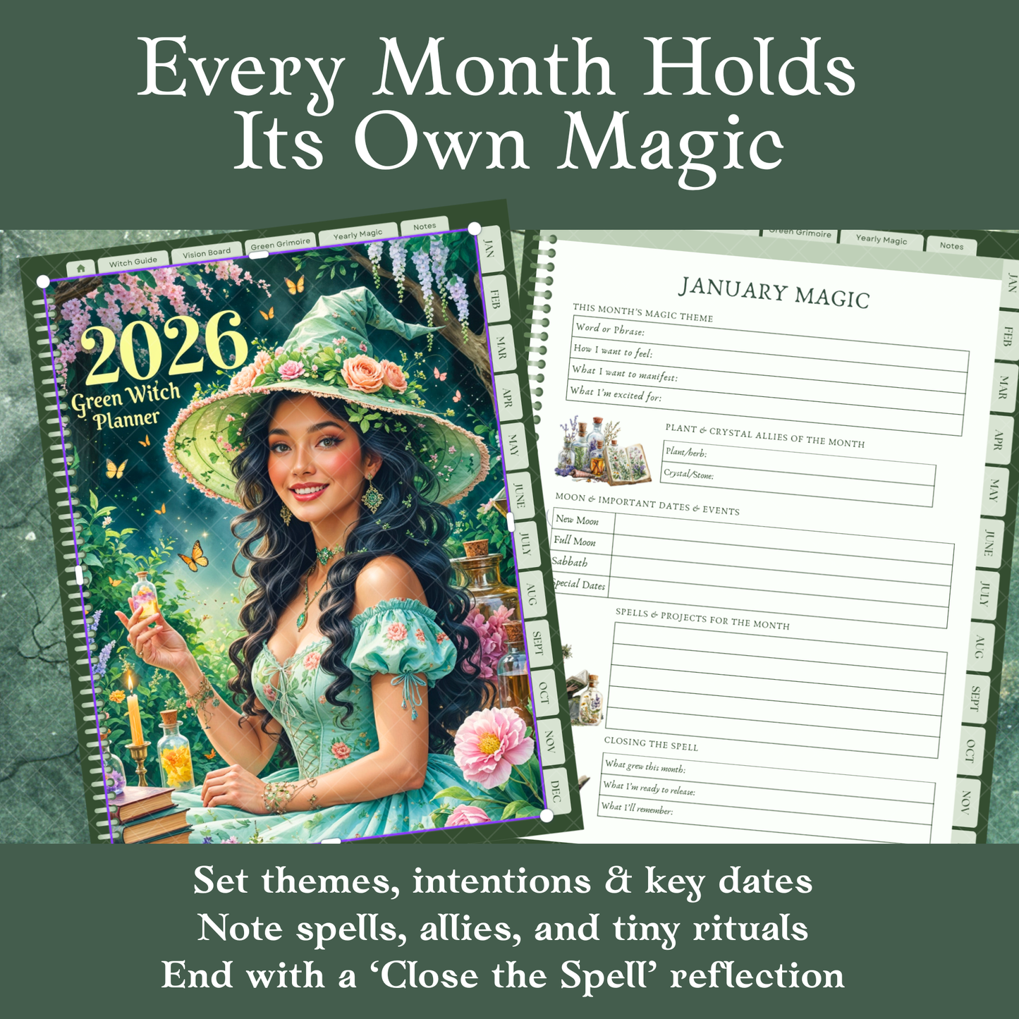 2026 Green Witch Digital Planner – Hyperlinked PDF for GoodNotes, Notability &amp; more